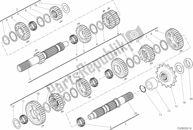 All parts for the Gear Box of the Ducati Diavel Carbon FL Thailand-Brasil 1200 2015